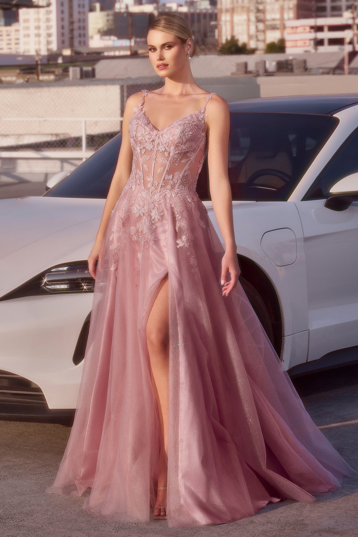 Ladivine CDS533 Mauve A Line Layered Tulle Gown - NORMA REED