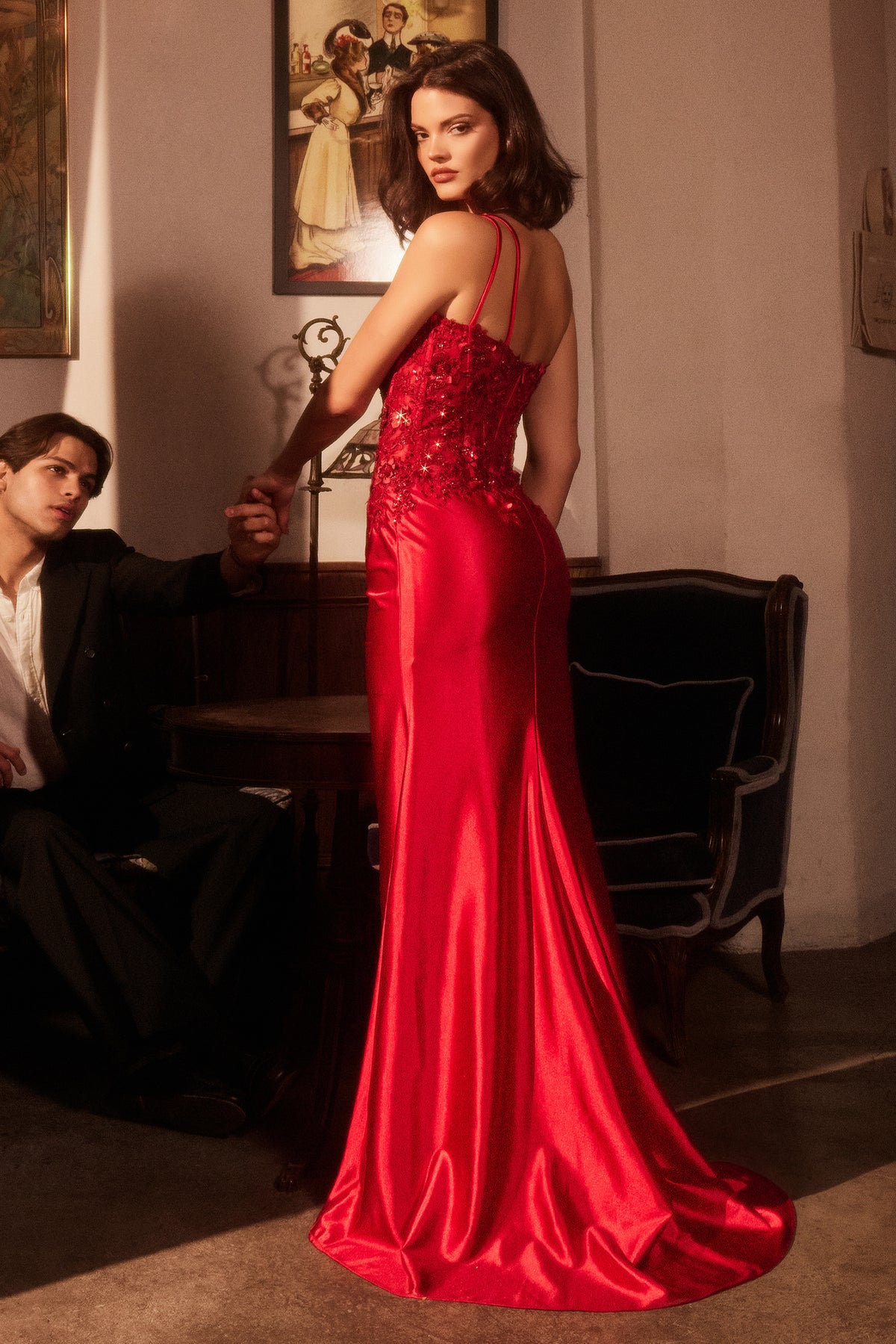 Ladivine CDS535 One Shoulder Lace Satin Dress - NORMA REED