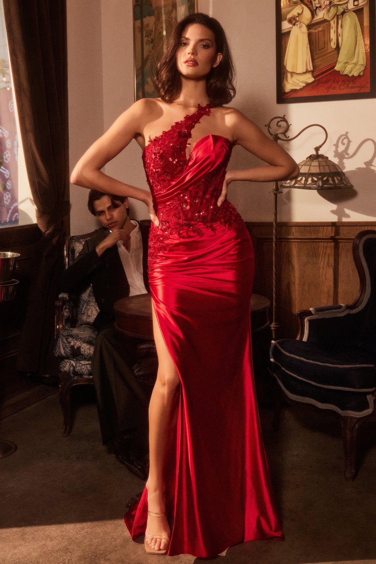 Ladivine CDS535 One Shoulder Lace Satin Dress - NORMA REED