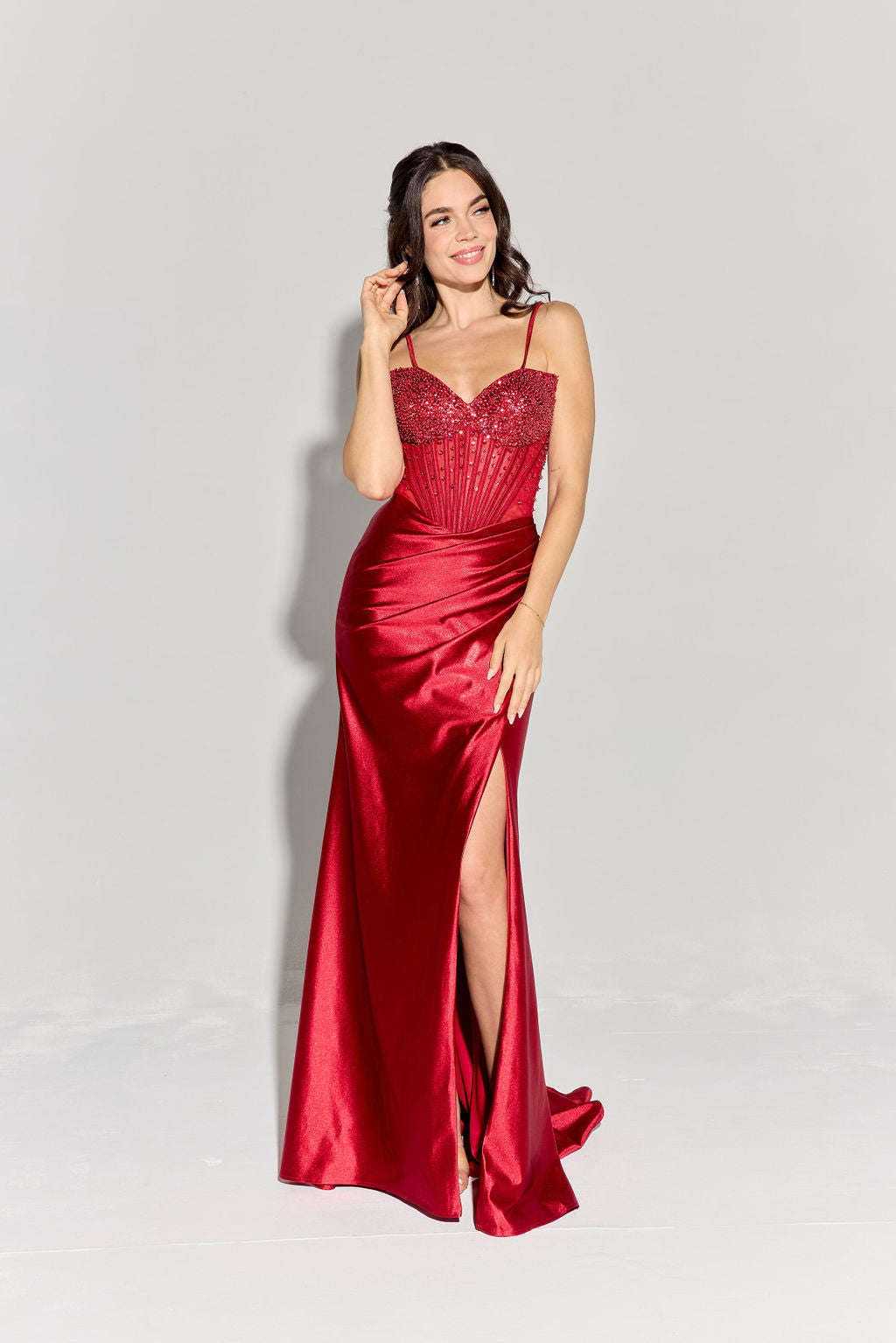 Eureka EK183 Strapless Slit Leg Sparkling Crystal Satin Dress - NORMA REED
