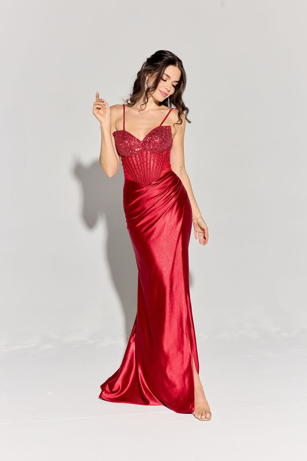 Eureka EK183 Strapless Slit Leg Sparkling Crystal Satin Dress - NORMA REED