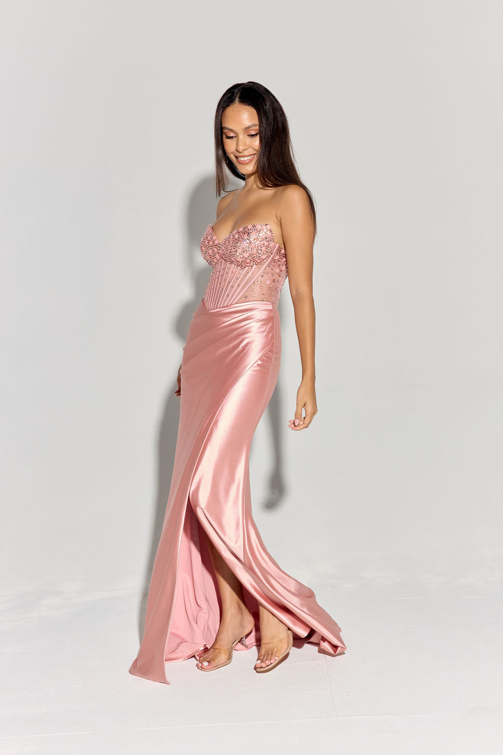 Eureka EK183 Strapless Slit Leg Sparkling Crystal Satin Dress - NORMA REED