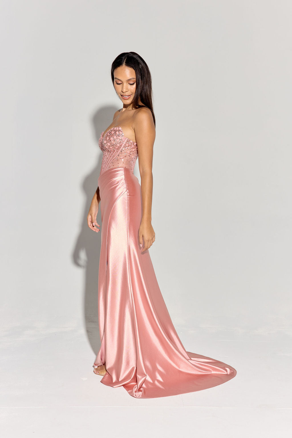 Eureka EK183 Strapless Slit Leg Sparkling Crystal Satin Dress - NORMA REED