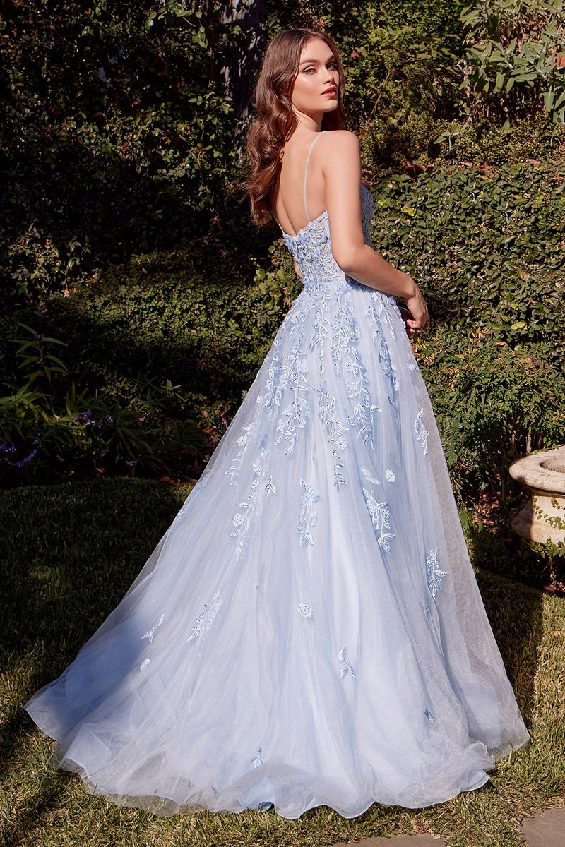 Andrea & Leo A1437 Light Blue Leaf Motif A Line Dress - NORMA REED