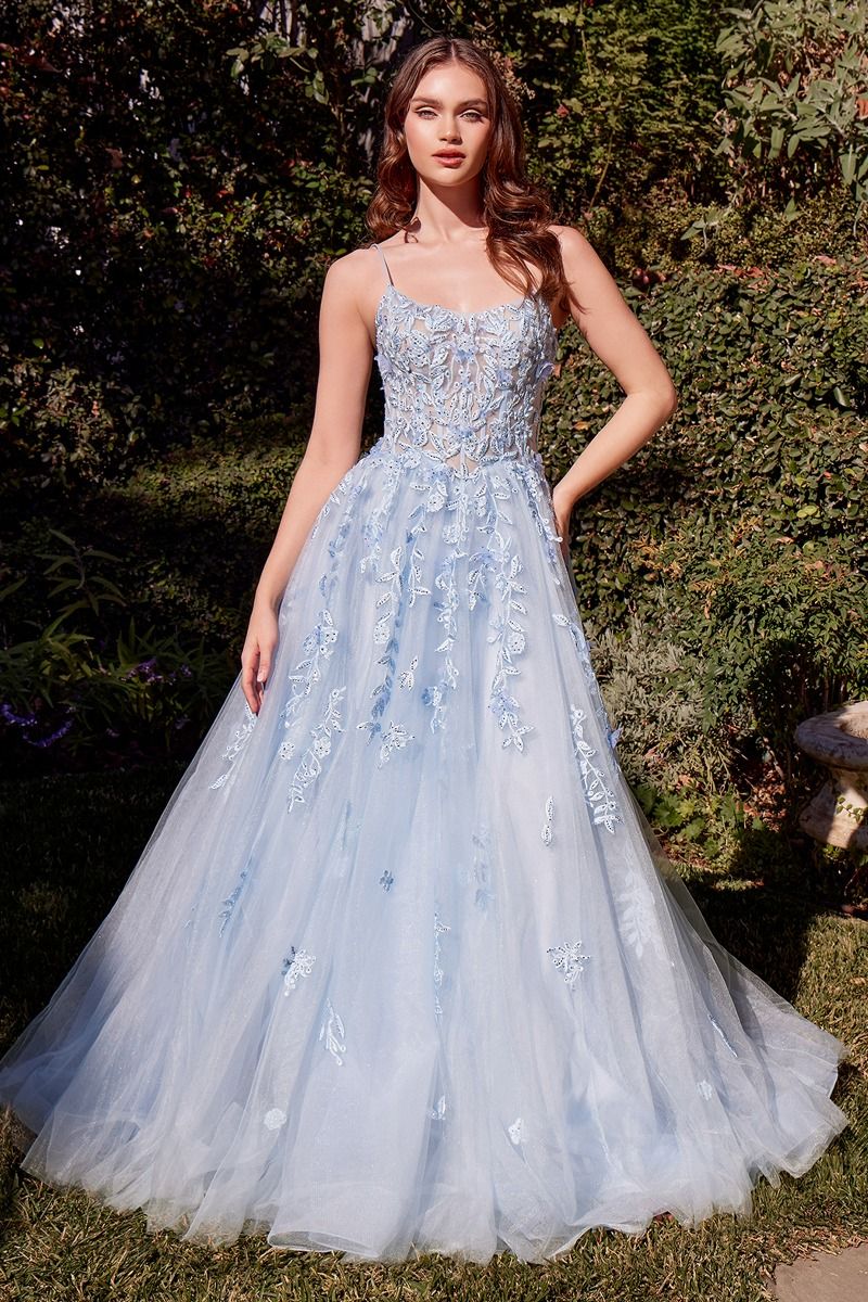 Andrea & Leo A1437 Light Blue Leaf Motif A Line Dress - NORMA REED
