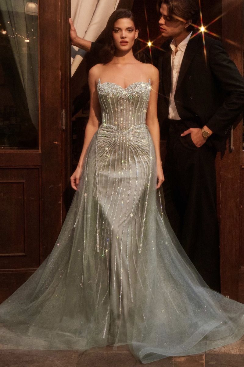 Ladivine CB158 Strapless Crystal Embroidered Overskirt Gown - NORMA REED