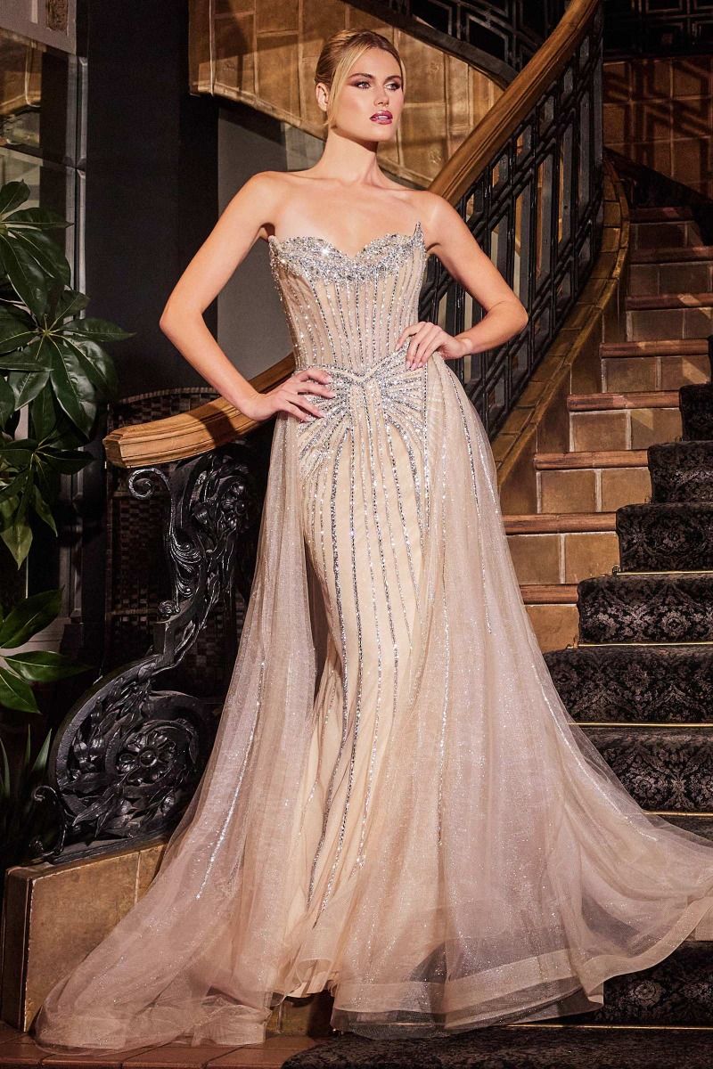 Ladivine CB158 Strapless Crystal Embroidered Overskirt Gown - NORMA REED