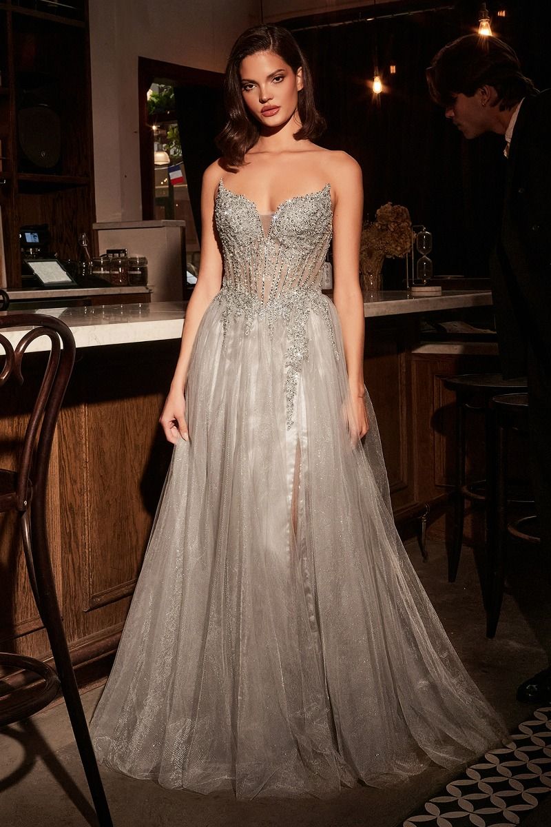 Ladivine CC487 Strapless Shimmering Tulle A Line Dress - NORMA REED