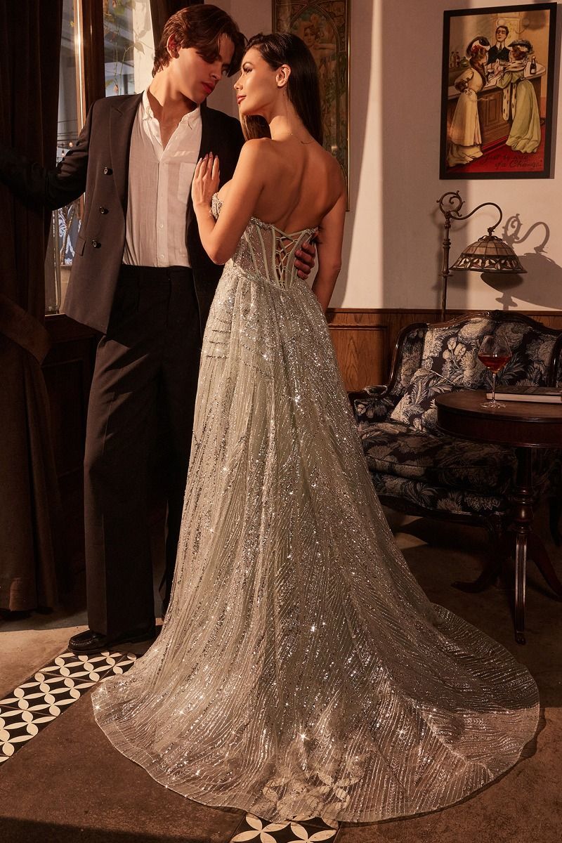 Ladivine CM384 Strapless Glitter Print Gown - NORMA REED