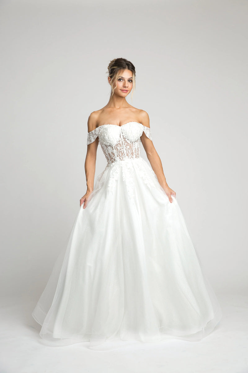 Fiesta 10304 Off Shoulder Shimmering Lace Embroidered Dress - NORMA REED