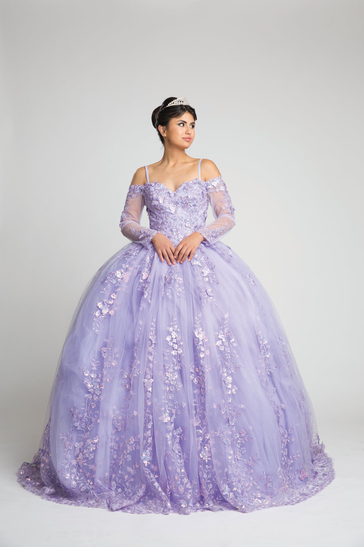 Fiesta 10309 Lilac Lace Embroidered Ball Gown with Sleeves