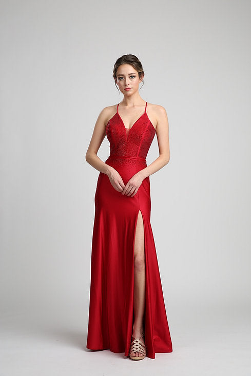 Fiesta 7312 Crystal Stone High Slit Leg Dress