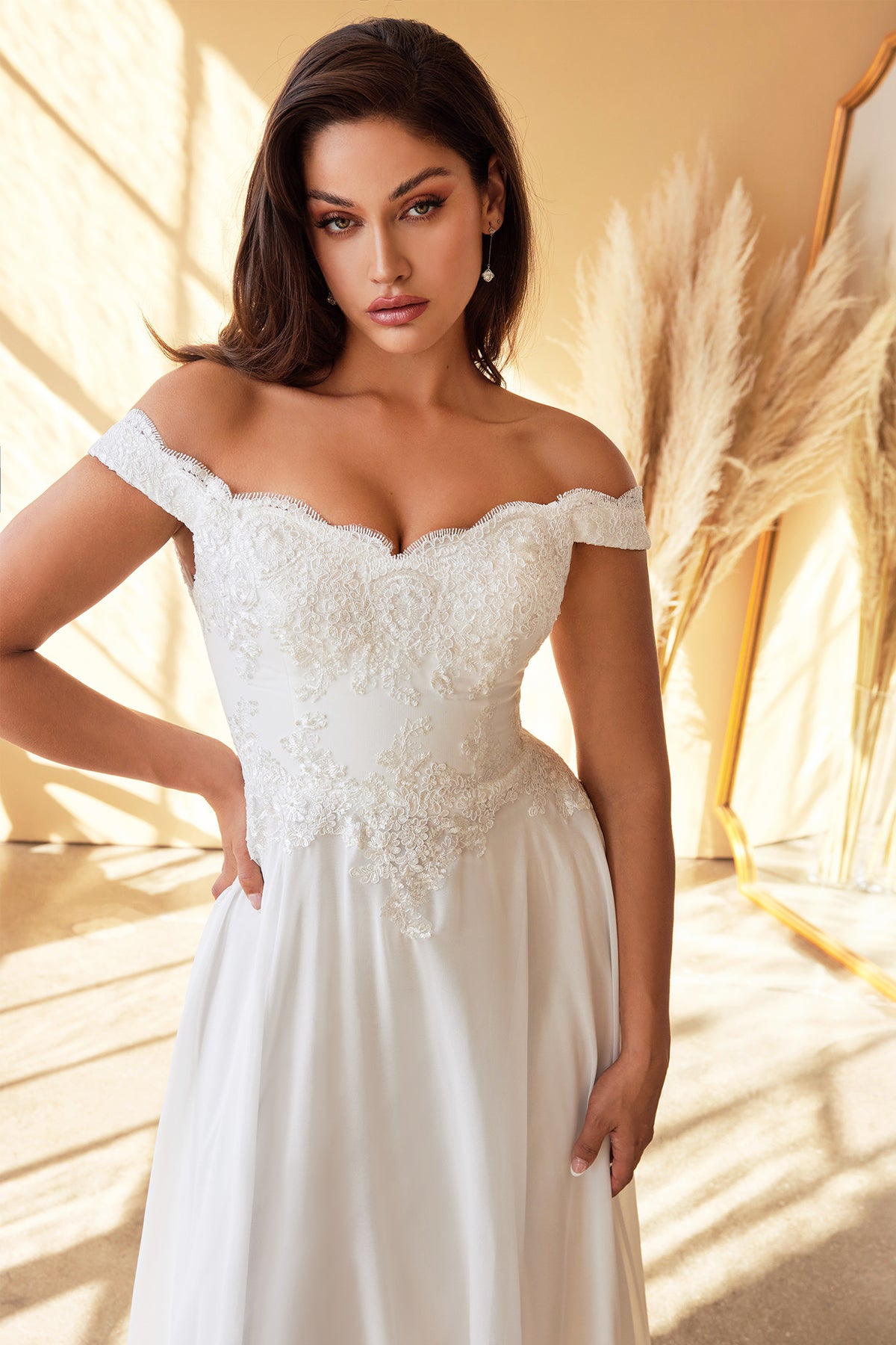 Ladivine 7258W Lace & Chiffon Floral Wedding Dress