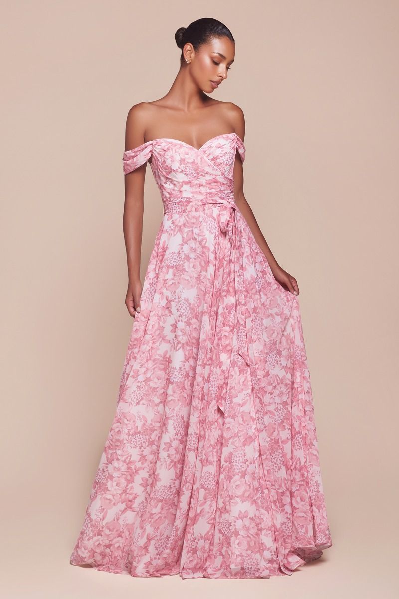 Ladivine 7441 Off Shoulder Satin Floral Printed A Line Dress - NORMA REED