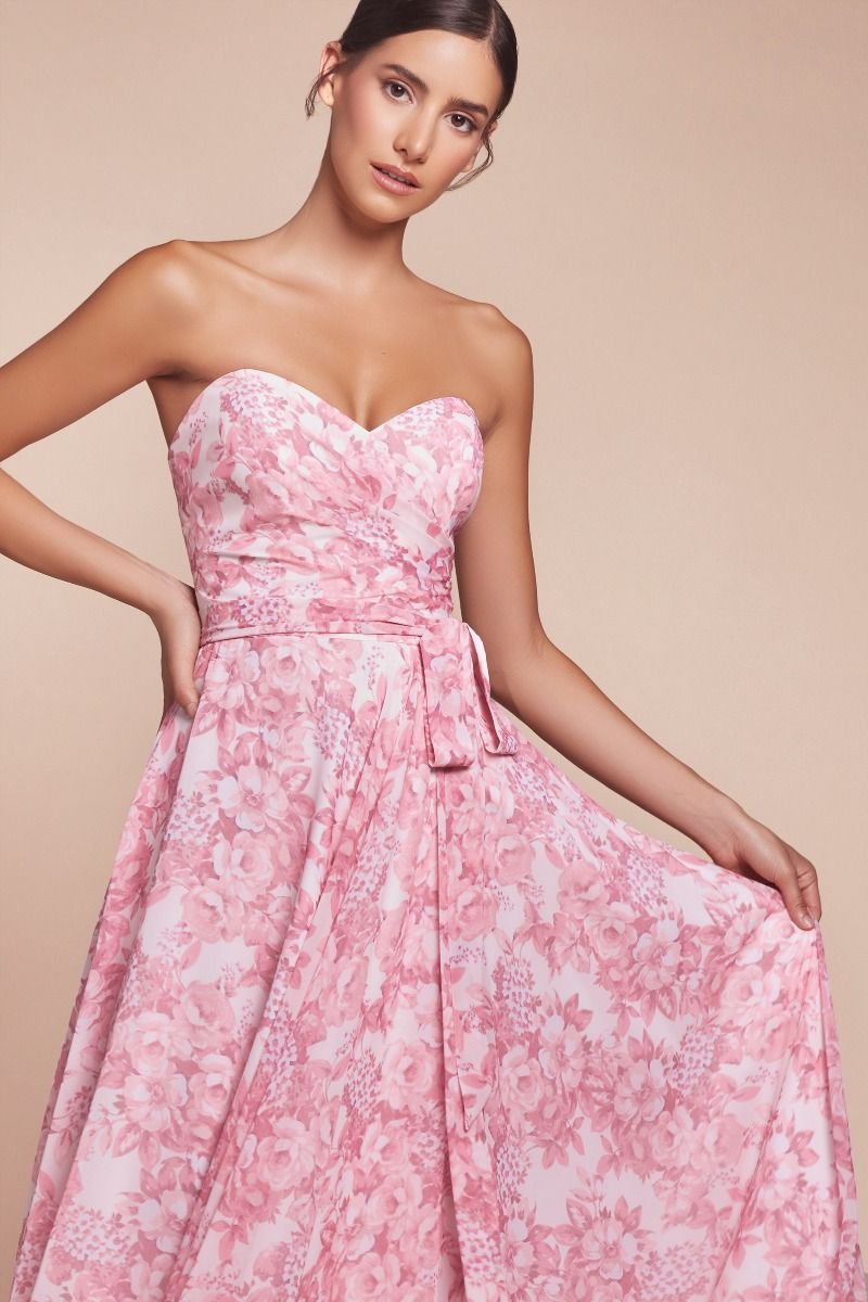 Ladivine 7443 Strapless A Line Floral Printed Satin Dress - NORMA REED