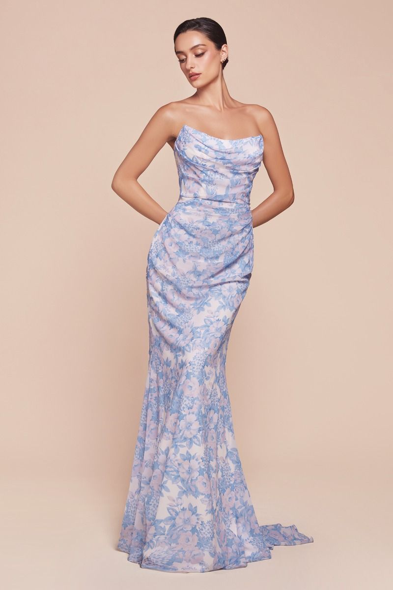 Ladivine 7445 Fitted Strapless Soft Satin Printed Dress - NORMA REED