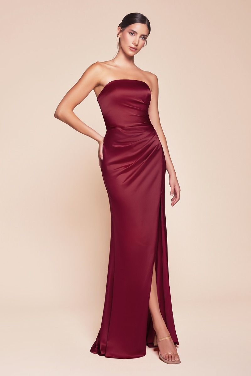 Ladivine 7451 Ruched Strapless Luxe Satin Dress & Sash - NORMA REED