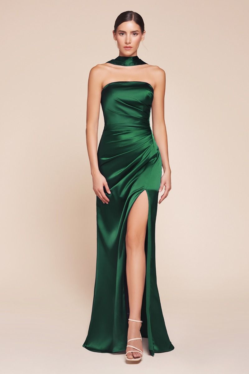 Ladivine 7451 Ruched Strapless Luxe Satin Dress & Sash - NORMA REED