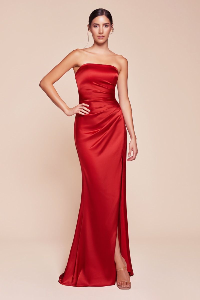 Ladivine 7451 Ruched Strapless Luxe Satin Dress & Sash - NORMA REED