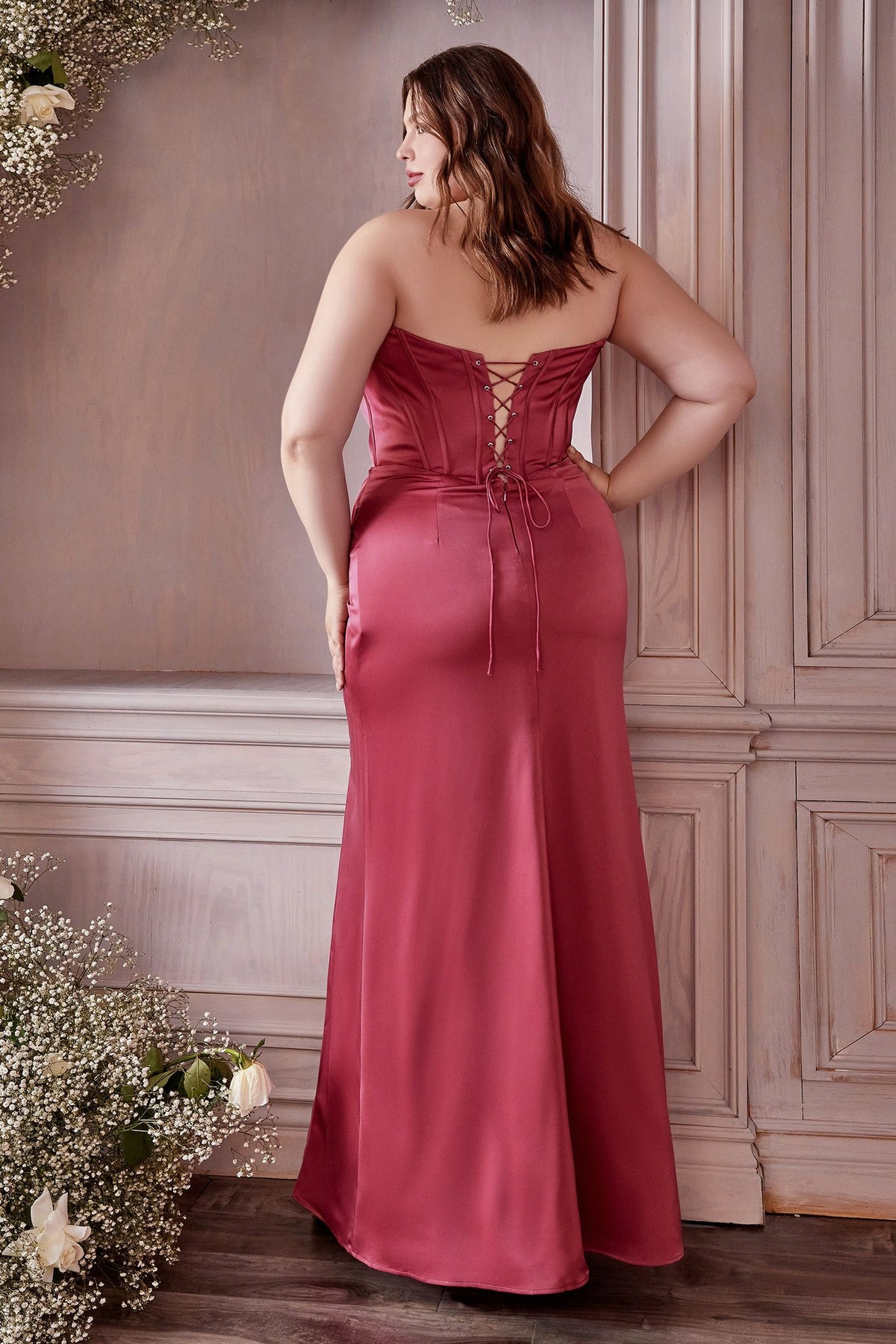 Cinderella Divine 7484C Plus Size Off Shoulder Slit Leg Corset Dress