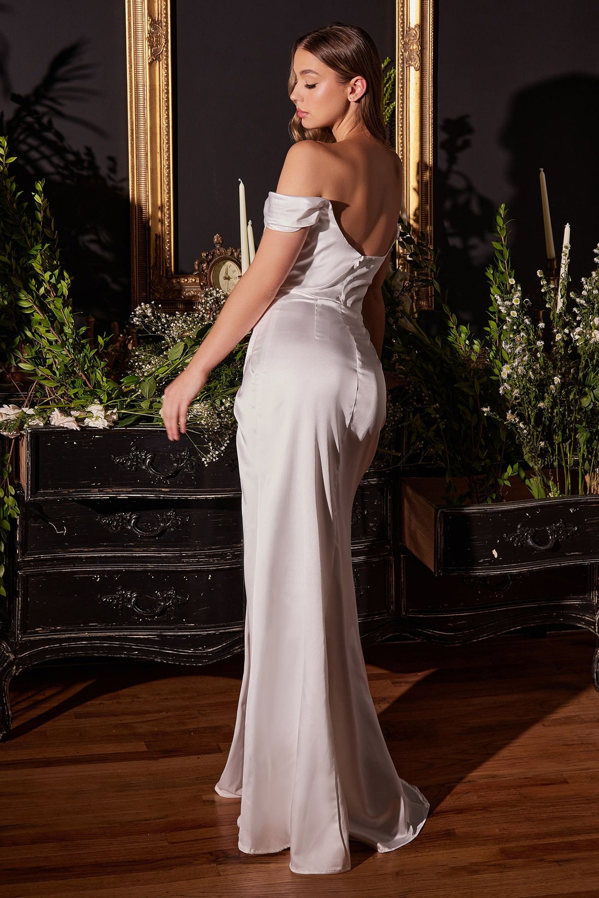 Cinderella Divine 7492W Off White Corset Satin Dress