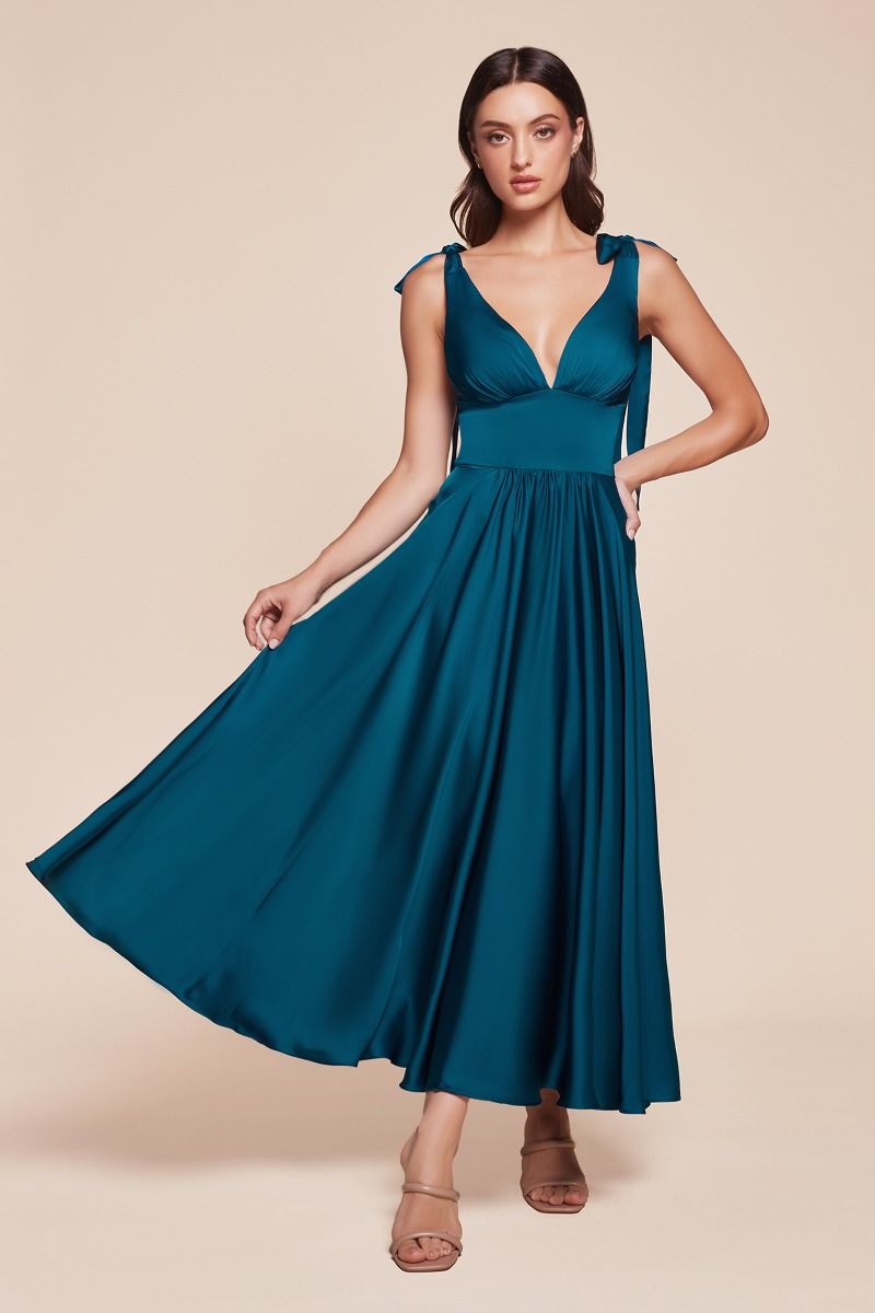 Ladivine 7499 Tea Length A Line Soft Satin Dress - NORMA REED