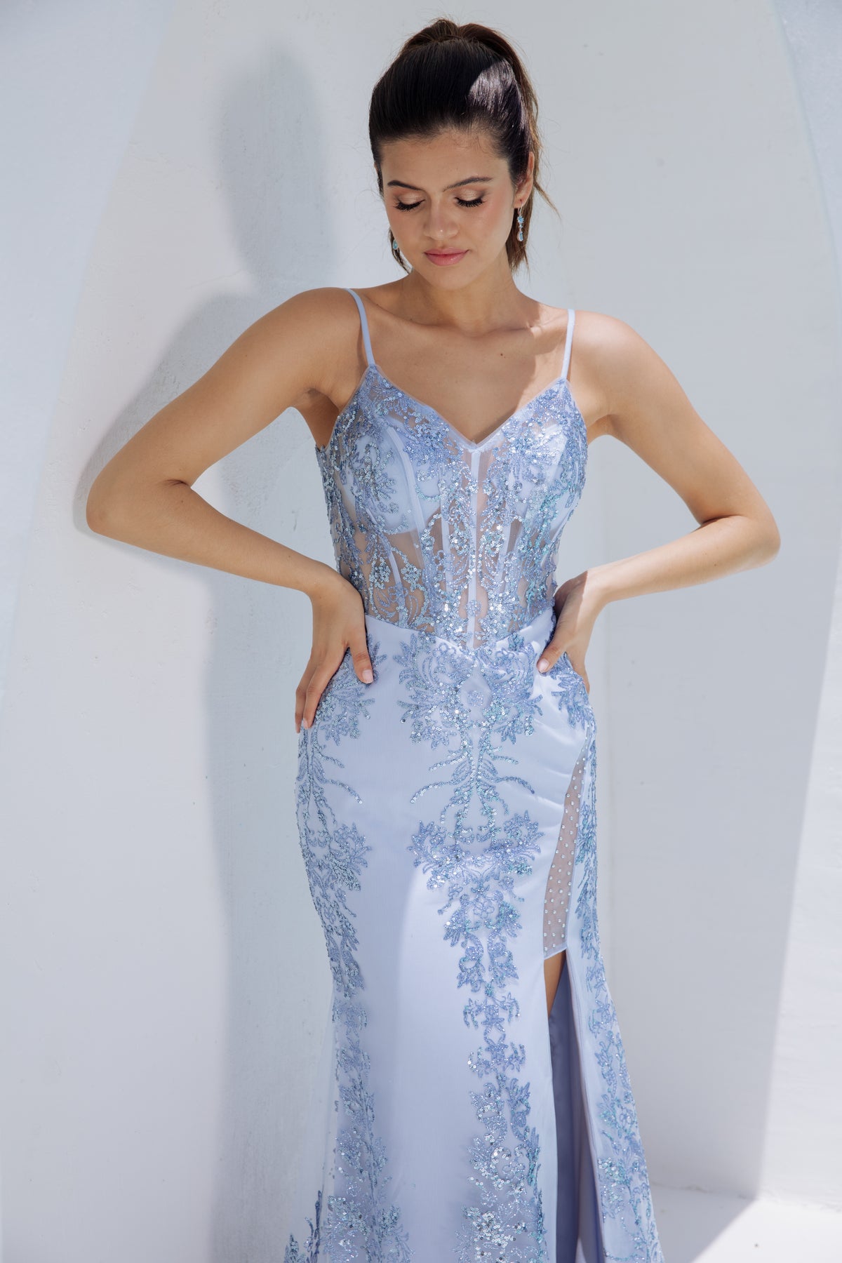 Eureka 9188 Slit Leg Lace Sparkle Dress