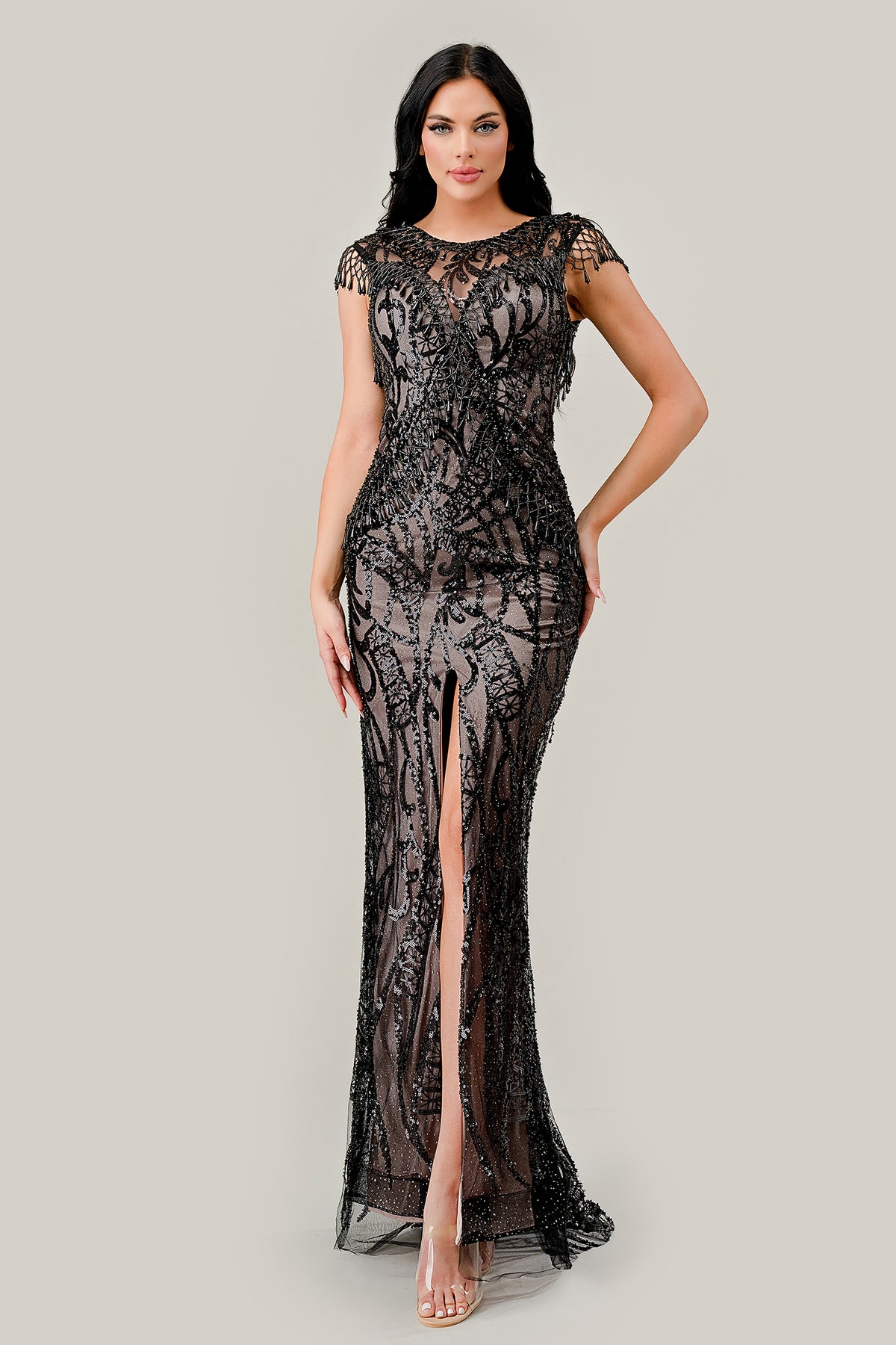 Cinderella Divine CC4007 Black Nude Sheath Sequin Gown - NORMA REED