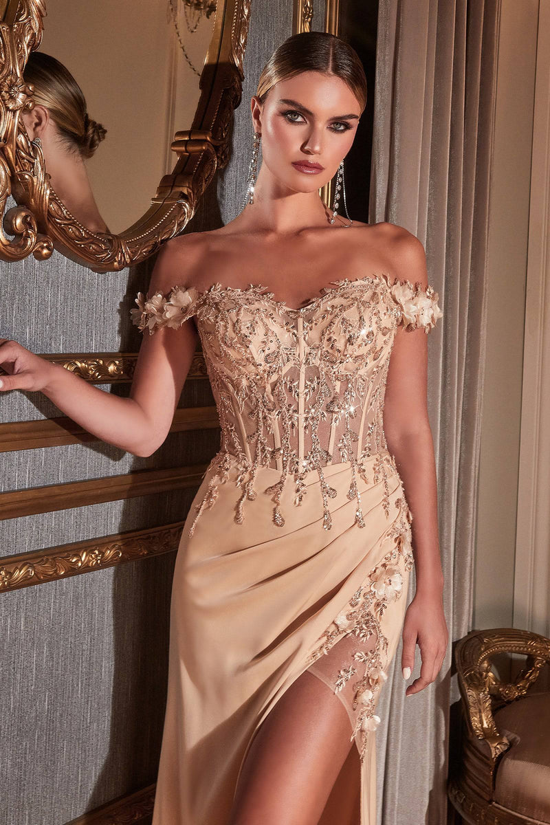 Cinderella Divine CD0186 Ladivine Off Shoulder Corset Slit Leg Dress - NORMA REED