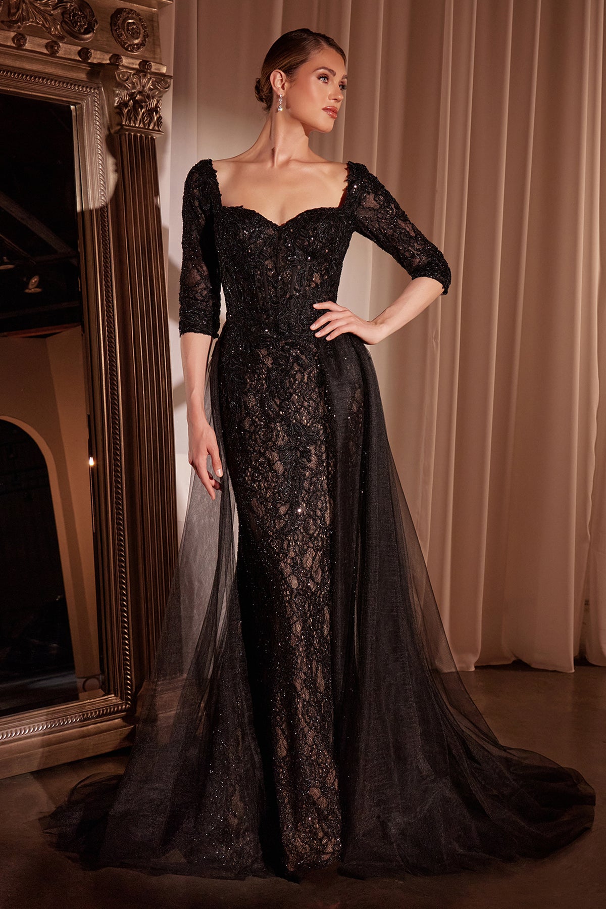 Ladivine CD749 Long Sleeve Lace Fitted Dress with Overskirt