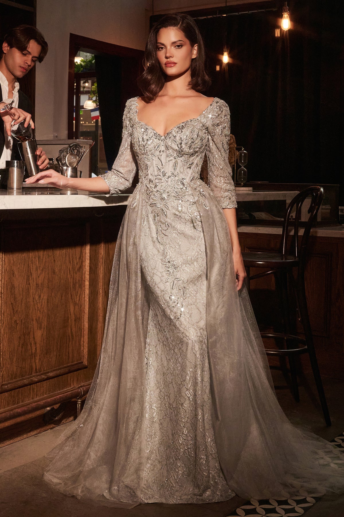 Ladivine CD749 Long Sleeve Lace Fitted Dress with Overskirt