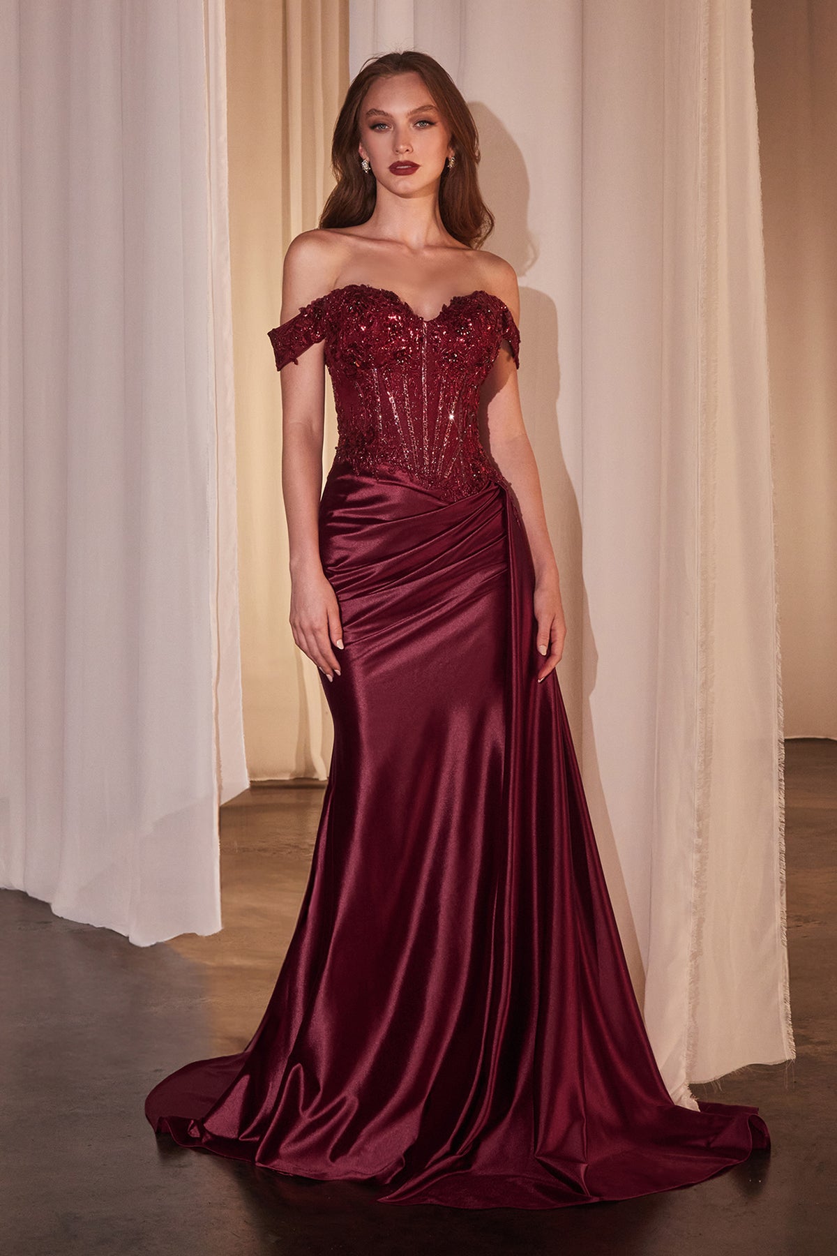 Ladivine CD803 Off the Shoulder Lace & Satin Fitted Gown