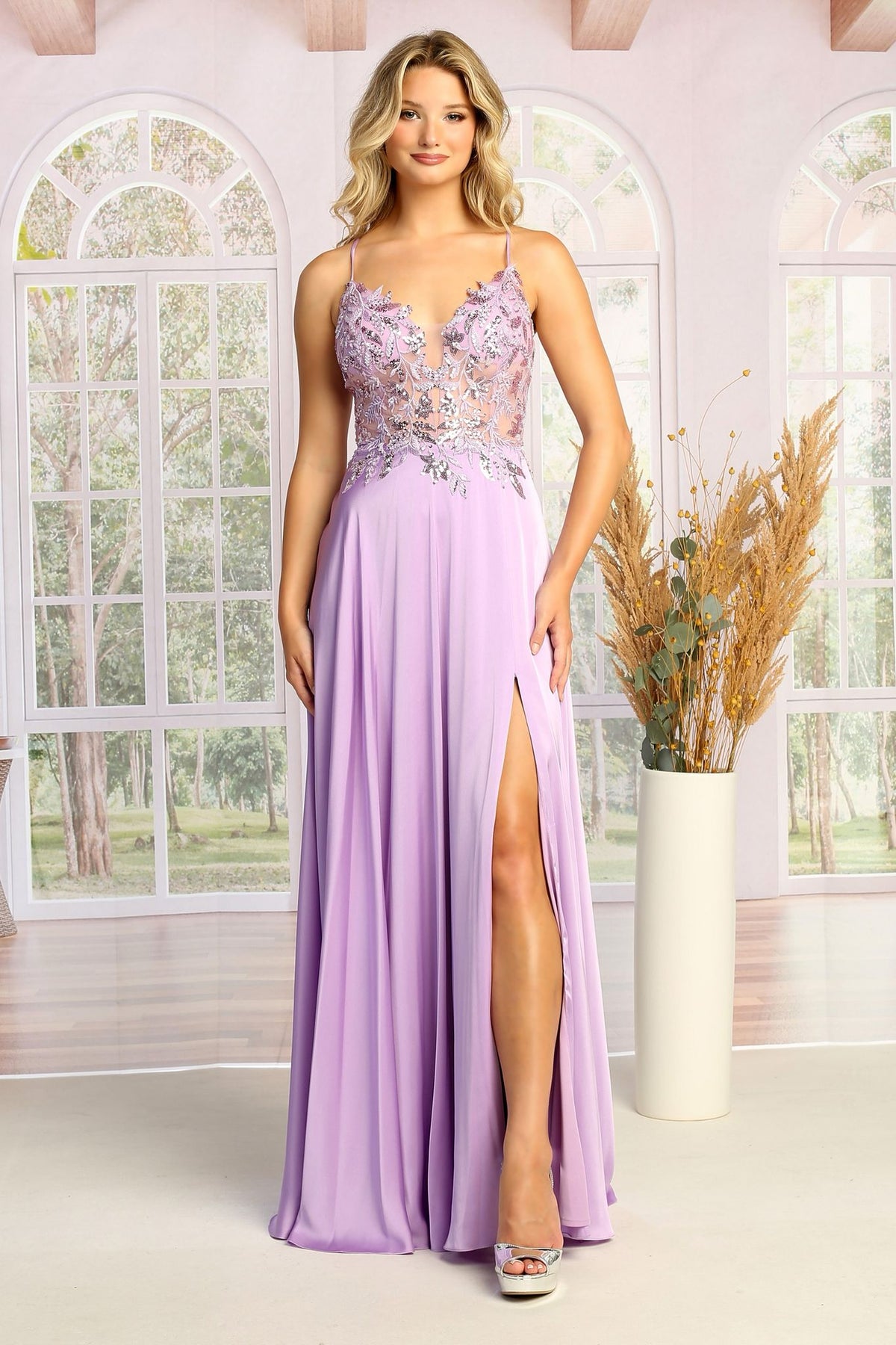 Cindy Collection 50452 Sparkling Lace Embroidered Slit Leg Dress