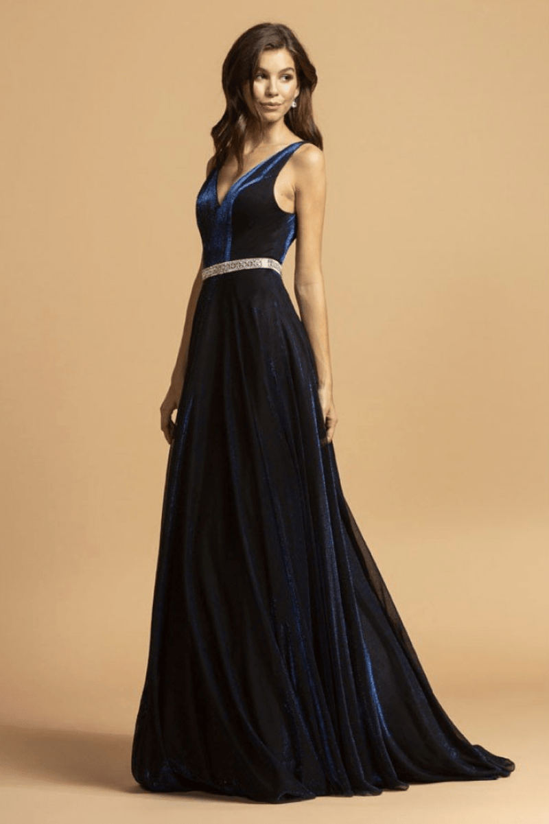 Aspeed Design D320 Shimmering Velvet A Line Dress With Crystal Stone Belt - NORMA REED