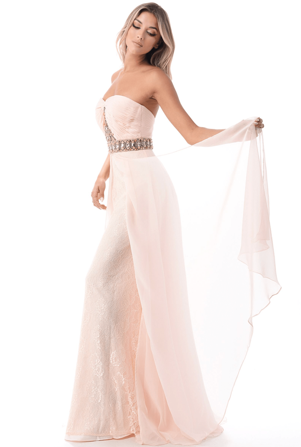 Strapless Crystal Embroidered Lace & Chiffon Long Dress By Cinderella Divine - NORMA REED