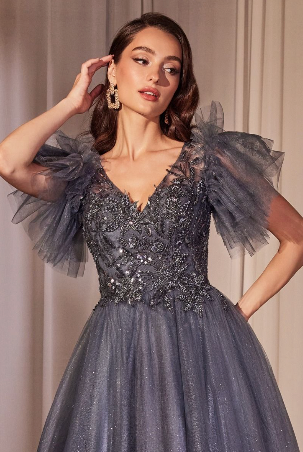 Cinderella Divine CM359 Midnight Blue Embellished Tulle A Line Gown - NORMA REED