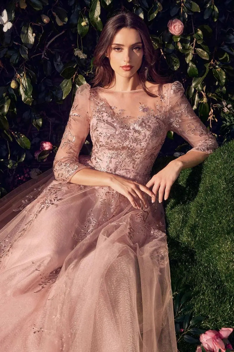 Andrea & Leo A1352 Three Quarter Sleeve Lace & Tulle Ball Gown