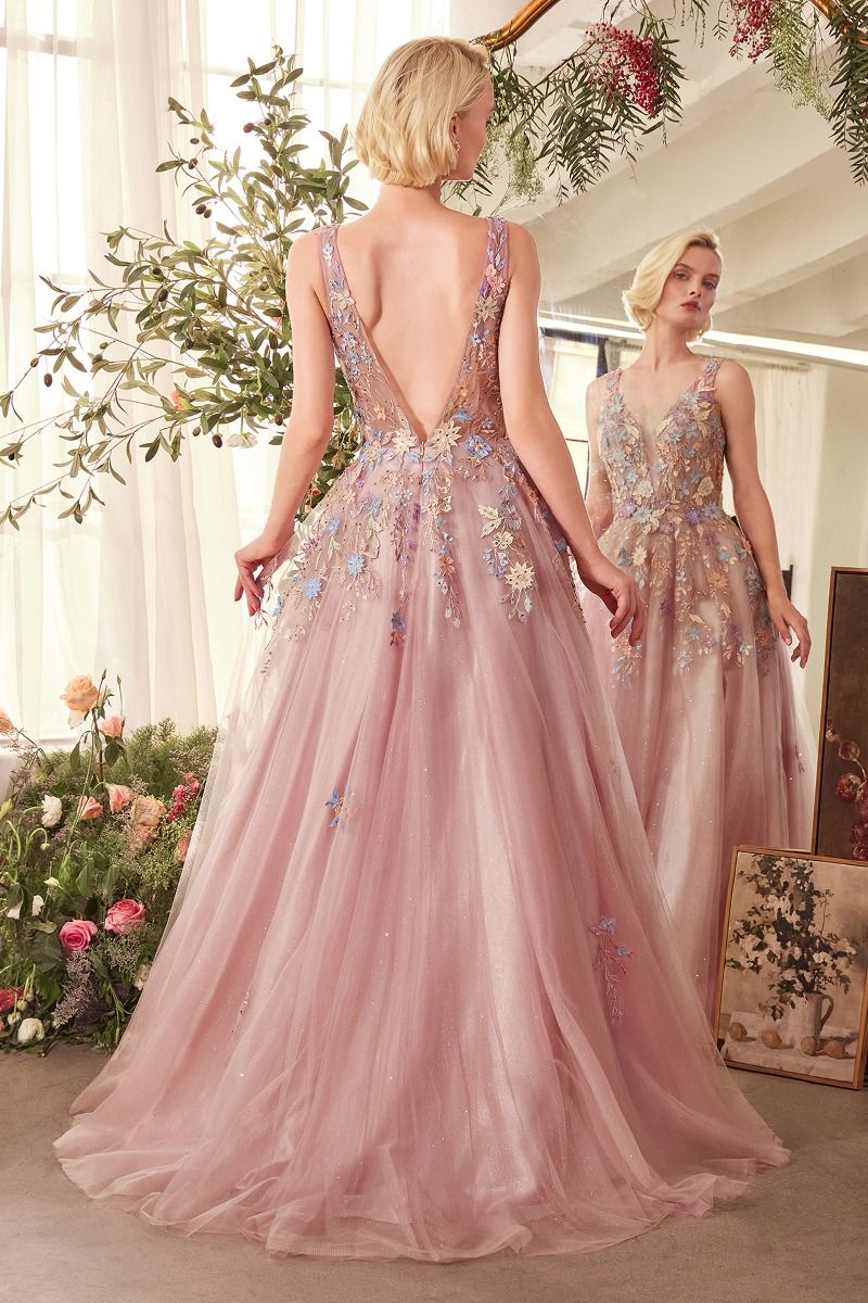 Andrea & Leo A1394 Mauve Floral A Line Gown