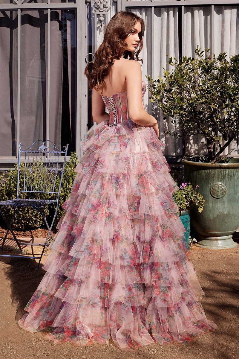 Andrea & Leo A1463 Floral Print Ruffle Corset Gown