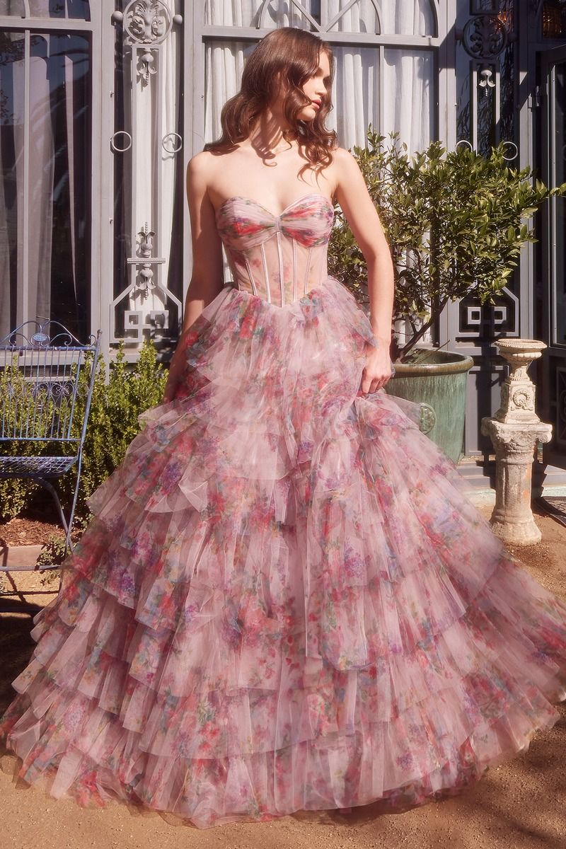 Andrea & Leo A1463 Floral Print Ruffle Corset Gown