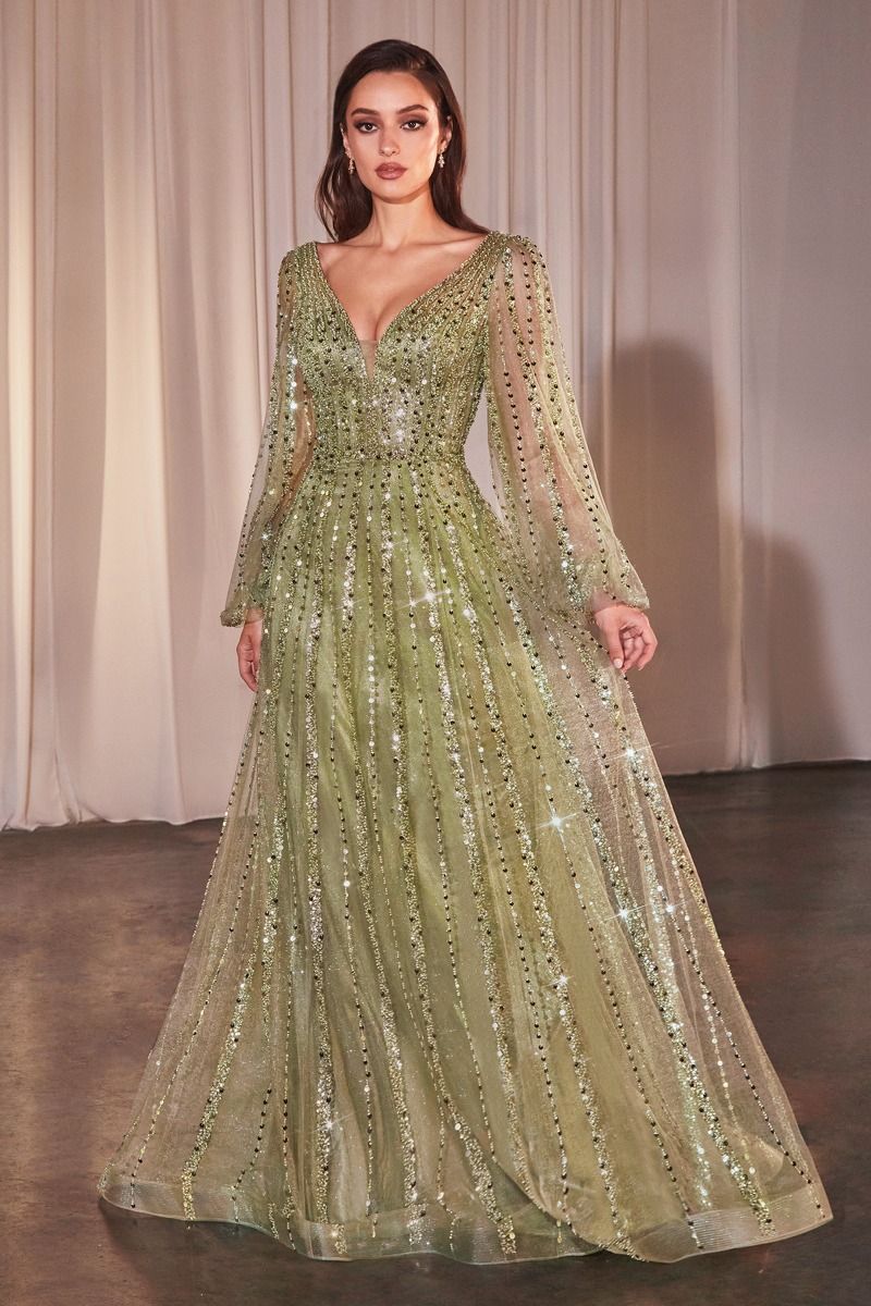 Ladivine CD0240 Long Sleeve A Line Beaded Dress - NORMA REED