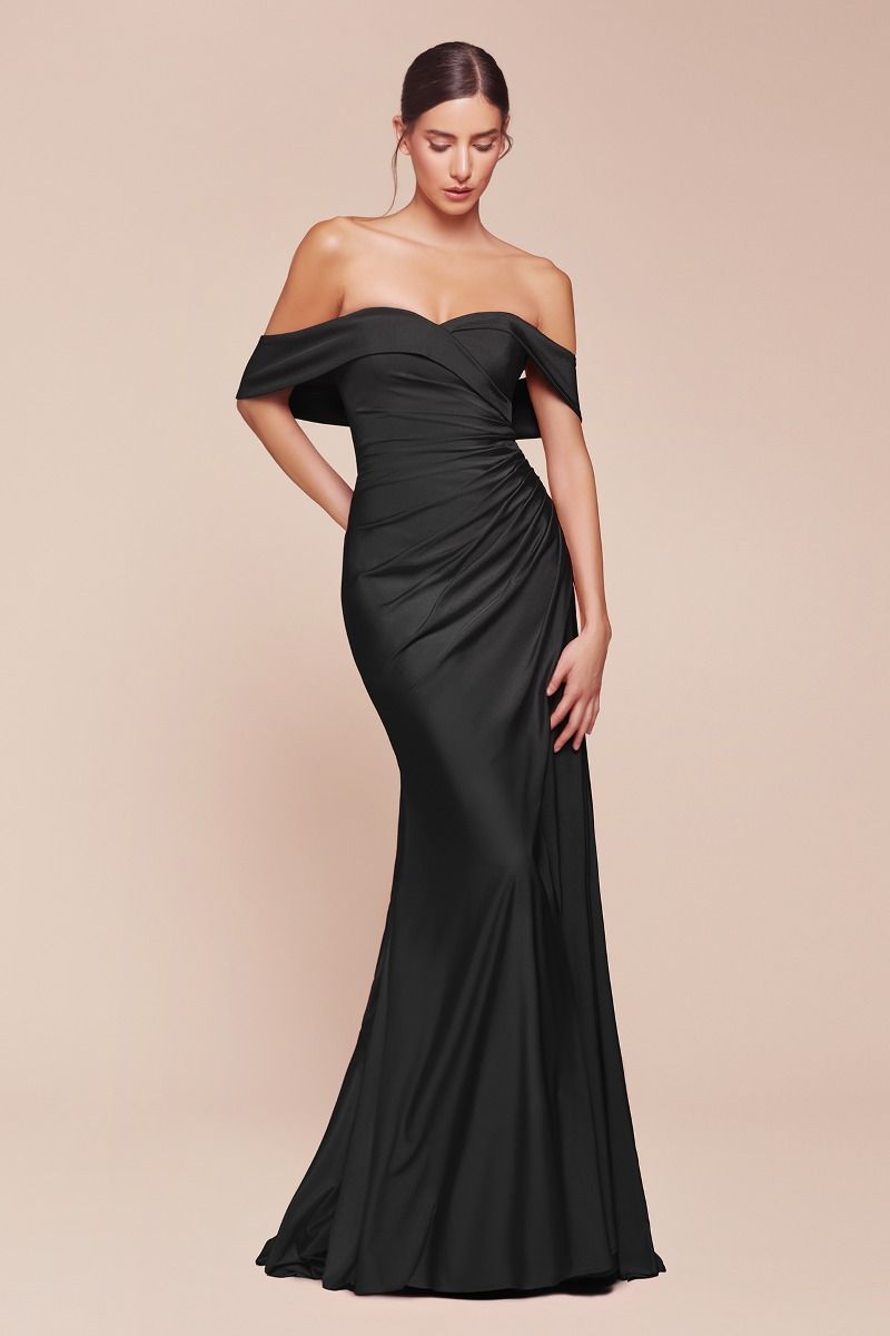 Ladivine CD790C Off Shoulder Stretch Spandex Satin Leg Slit Dress - NORMA REED