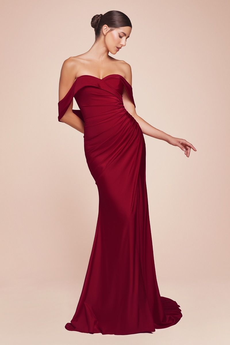 Ladivine CD790C Off Shoulder Stretch Spandex Satin Leg Slit Dress - NORMA REED