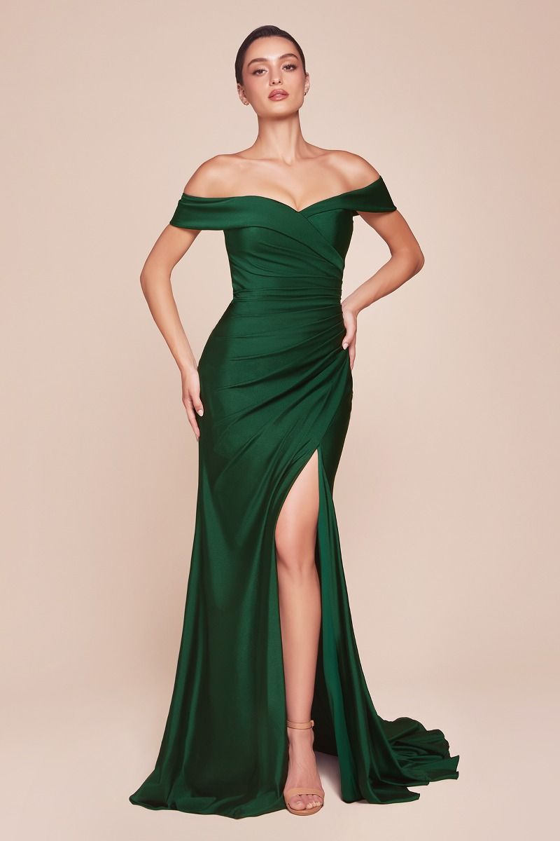 Ladivine CD790C Off Shoulder Stretch Spandex Satin Leg Slit Dress - NORMA REED