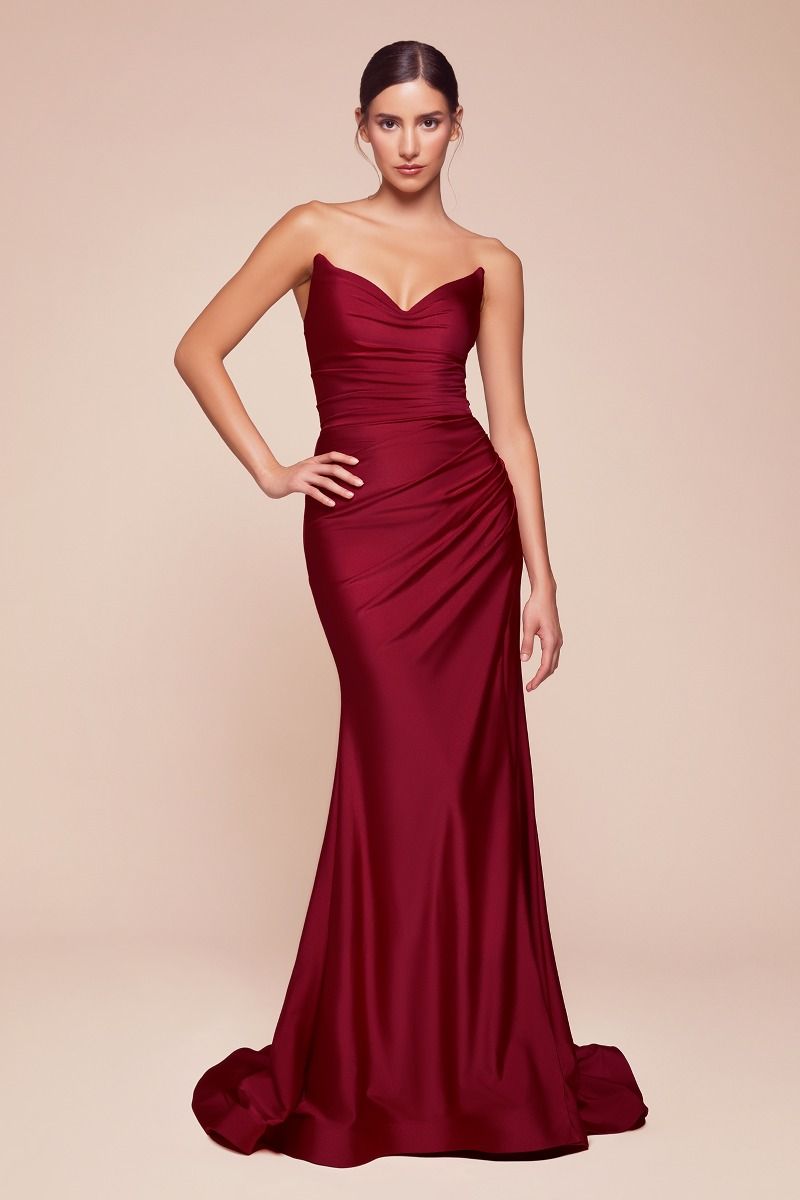 Ladivine CD791 Strapless Stretch Spandex Satin V Neck Dress - NORMA REED