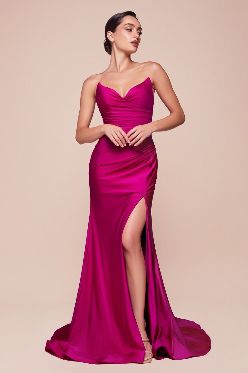 Ladivine CD791 Strapless Stretch Spandex Satin V Neck Dress - NORMA REED