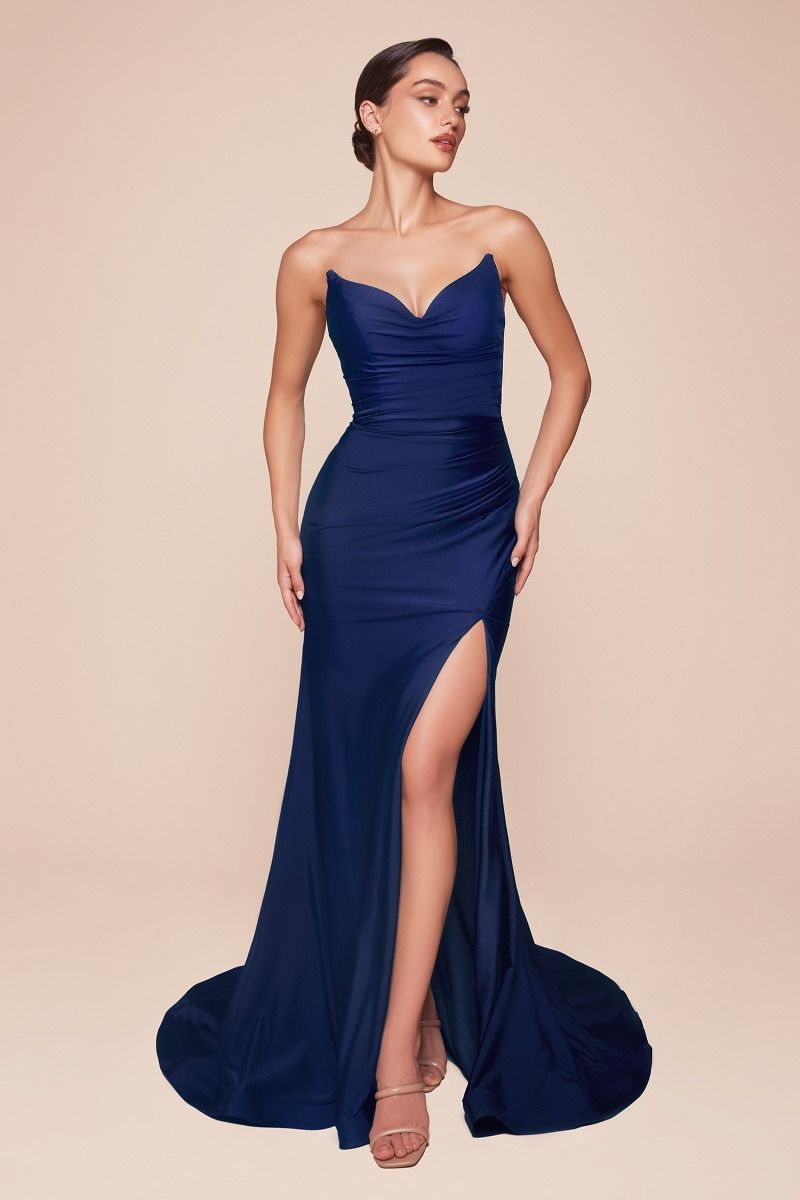 Ladivine CD791 Strapless Stretch Spandex Satin V Neck Dress - NORMA REED