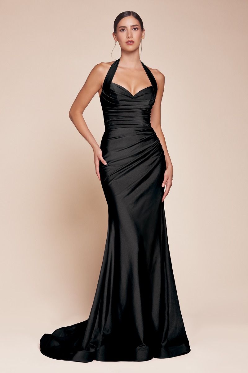 Ladivine CD796C Strapless Stretch Spandex Satin Halter Dress - NORMA REED