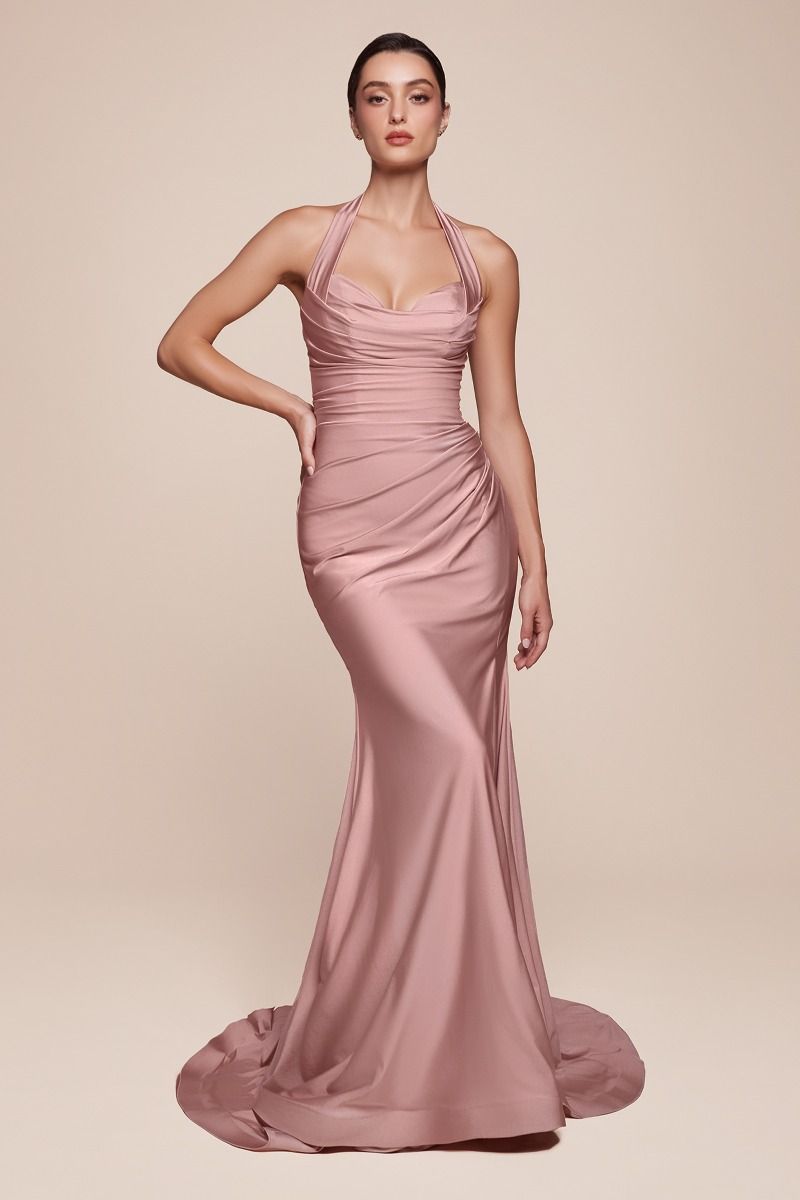 Ladivine CD796C Strapless Stretch Spandex Satin Halter Dress - NORMA REED