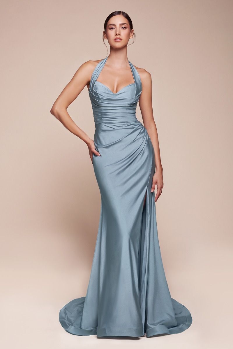 Ladivine CD796C Strapless Stretch Spandex Satin Halter Dress - NORMA REED